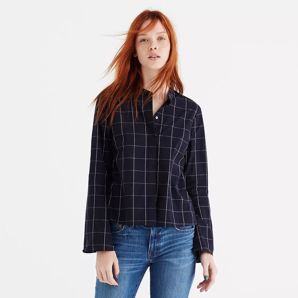 Madewell Bell-Sleeve Navy Blue Grid Shirt in Windowpane